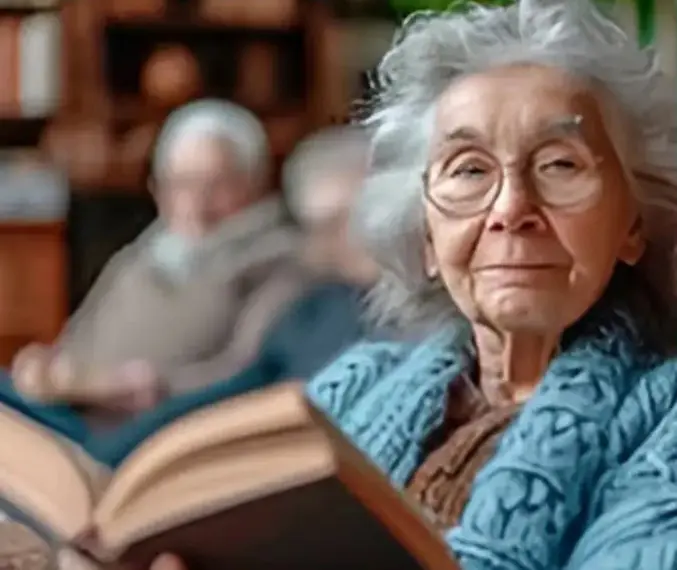 An old woman sitting in a chair reading.